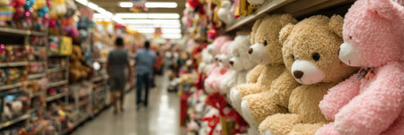 Soft and colorful teddy bears line the shelves of a toy store while shoppers browse on a lively afternoon, creating a cheerful atmosphere for all.の素材