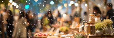 Crowds gather at a winter market as snowflakes gently fall, creating a festive atmosphere around stalls offering fresh produce and seasonal flowers in the city.の素材