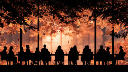 A gathering of diverse individuals appears as silhouettes conversing around a long table, framed by colorful autumn leaves glowing in warm light.の素材