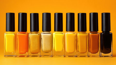 Eight bottles of nail polish in different shades of yellow, orange, and gold are neatly arranged against a bright orange background, creating a striking visual.の素材