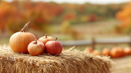 Beautiful display of pumpkins and apples on a haystack captures the essence of autumn in a rural farm, framed by colorful trees and warm seasonal ambiance.の素材