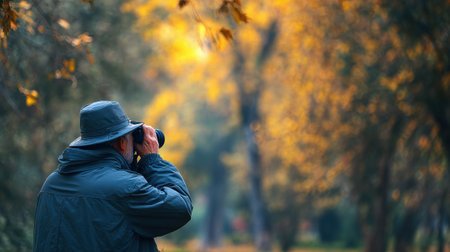A nature photographer stands in a tranquil park, focused on capturing vibrant autumn leaves as the sun sets, casting warm golden tones over the landscape.の素材
