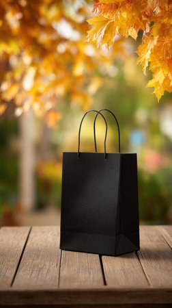 A black shopping bag sits on a wooden table surrounded by bright yellow and orange autumn leaves, evoking a peaceful atmosphere on a warm afternoon.の素材