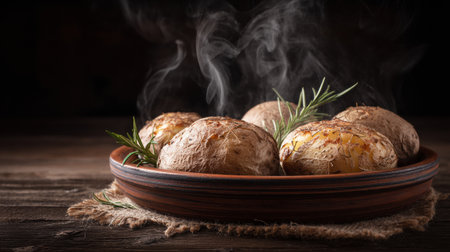 Baked potatoes sit on a rustic plate, emitting steam and garnished with fresh herbs, creating a warm and inviting atmosphere indoors.の素材