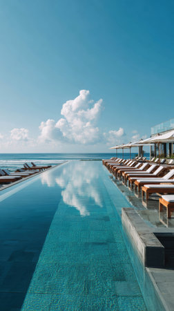 Guests enjoy the tranquil setting of a beachfront resort featuring a stunning infinity pool reflecting the sky and sun loungers lined along the edge.の素材