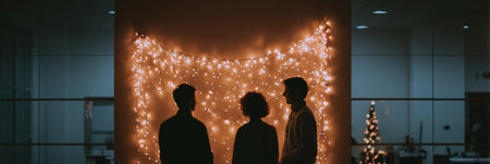 Three individuals are silhouetted against a glowing backdrop of string lights, creating a warm and inviting atmosphere during a gathering in a modern workspace.の素材