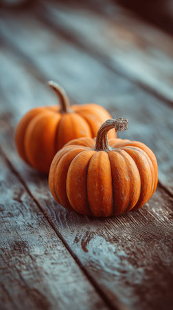 Bright orange pumpkins are placed on a weathered wooden surface, showing their smooth texture and rich color in warm autumn light.の素材