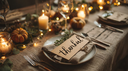 A beautifully arranged dinner table for thanksgiving features candles, pumpkins, and handwritten place cards, creating a warm and inviting atmosphere.の素材