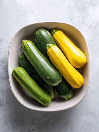 Assorted green zucchini and vibrant yellow squash are neatly arranged in a white bowl on a light textured background, showing their fresh produce appeal.の素材