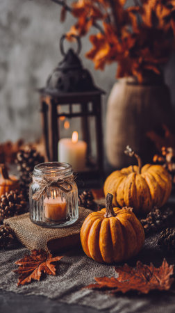 Warm tones of autumn are showcased through pumpkins, candles, and fall leaves arranged on a rustic tabletop in an inviting indoor space.の素材