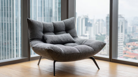 A modern upholstered chair is placed beside expansive windows, showcasing a stunning city skyline filled with tall buildings on a cloudy day.の素材