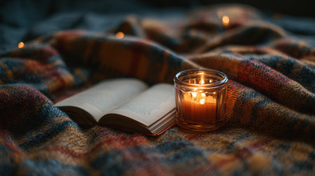 A book lies open on a colorful blanket next to a softly flickering candle, creating a warm and inviting atmosphere for winter reading.の素材