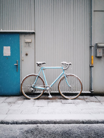 A light blue bicycle rests against a blue door as snow falls gently. The ground is covered in a layer of white, creating a serene winter ambiance.の素材