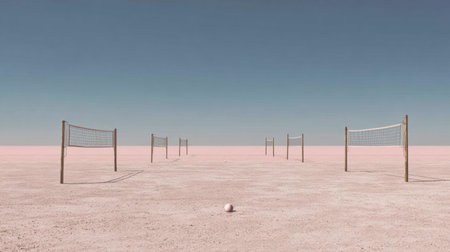 Four empty volleyball nets stand on a barren, pink-hued terrain with a single ball on the ground beneath a clear, blue sky.の素材