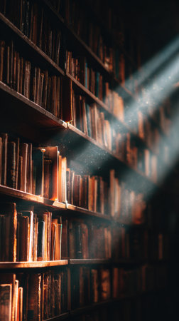 Sunlight filters through a window, casting rays on old, dusty books in a quiet library, inviting readers to explore the literary treasures within.の素材