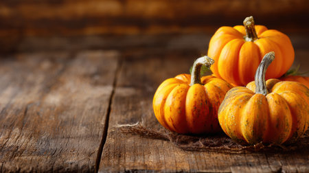 Small orange pumpkins arranged on a wooden table evoke the essence of fall and harvest festivals, ideal for festive decorations or culinary use.の素材