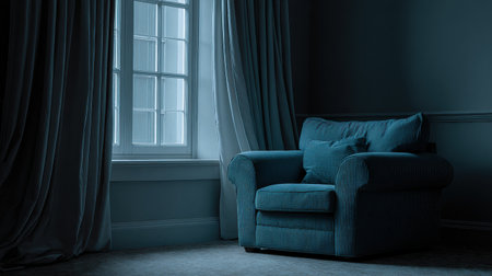 A cozy blue armchair is positioned next to a large window, with soft light filtering through sheer curtains in a tranquil room at dusk.の素材