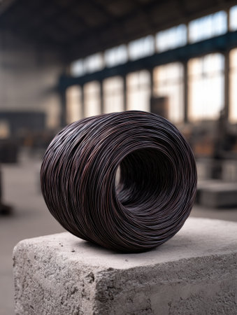 A distinctive coil of black wire rests on a concrete block, surrounded by an industrial workshop filled with natural light filtering through large windows.の素材