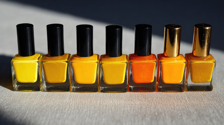 Bottles of yellow and orange nail polish are neatly arranged on a surface, illuminated by warm afternoon sunlight, highlighting their stunning shades.の素材