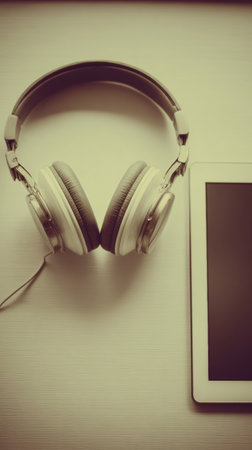 High-quality headphones rest beside a sleek tablet on a minimalistic surface, perfect for enjoying music or audio content at any time.の素材