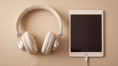 A pair of wireless headphones alongside a tablet on a smooth beige surface, ideal for music listening or digital entertainment in a modern settingの素材