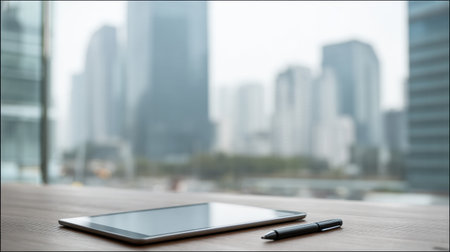 A tablet rests on a wooden table beside a pen, overlooking a misty city skyline in the morning light, showcasing a modern urban environment.の素材