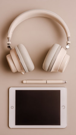 Stylish headphones, a tablet, and a sleek pen are arranged on a light beige surface, showcasing their dual purpose for music and productivity.の素材