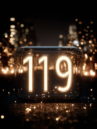 Glowing number 119 stands out brightly, surrounded by sparkling lights in a vibrant cityscape during nighttime, enhancing a celebratory mood.の素材