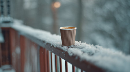 A steaming cup of coffee sits on a wooden railing blanketed in fresh snow, capturing the essence of a cozy winter day in a serene outdoor environment.の素材