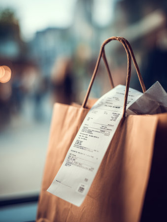 A brown shopping bag with a visible receipt rests on a table, while blurred figures of people walk by in a bustling city setting during late afternoon.の素材