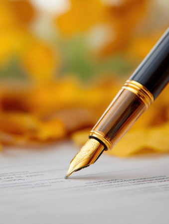 A fountain pen poised over paper captures the essence of writing as vibrant autumn leaves add warmth and beauty to the serene environment.の素材