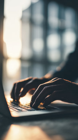 Hands of a person typing on a laptop keyboard during an evening work session in a well-lit office with large windows bringing in warm sunlight.の素材