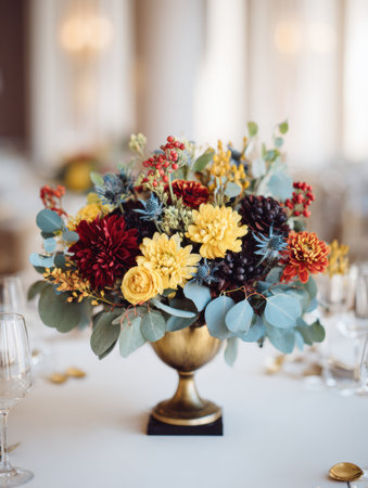 A beautifully arranged centerpiece featuring colorful flowers and greenery placed on a white tablecloth in a banquet hall filled with natural light.の素材