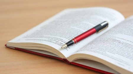 An open book lies on a wooden surface with a red pen placed on its pages, symbolizing studying and note-taking in a quiet setting.の素材