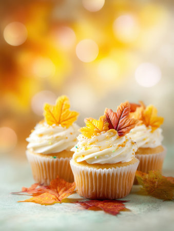 Colorful cupcakes topped with creamy frosting and autumn leaves set against a blurred fall-inspired background, creating a warm, festive atmosphere.の素材