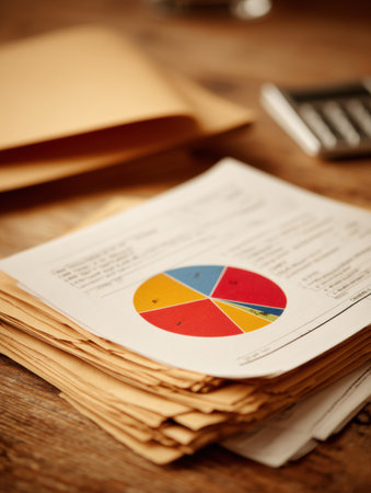 Documents are neatly stacked on a wooden desk, showcasing a colorful pie chart among various business papers during a productive office setting.の素材