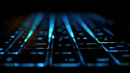 A close-up view of a keyboard glowing in blue and green hues, highlighting the keys against a dark backdrop, creating a modern and tech-savvy atmosphere.の素材