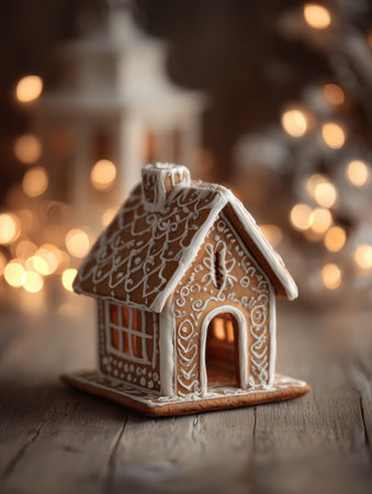 A beautifully crafted gingerbread house stands on a wooden table, decorated with detailed icing and surrounded by glowing festive lights, evoking holiday cheer.の素材