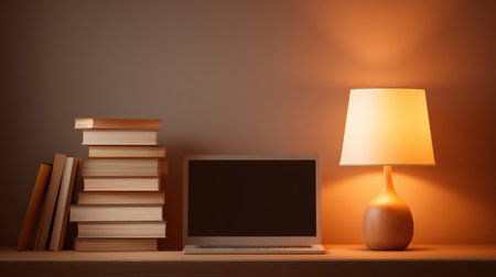 A well-organized workspace featuring a stack of books, a closed laptop, and a softly glowing lamp, creating a warm and inviting atmosphere.の素材