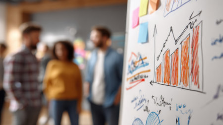 Professionals collaborated in a vibrant office, discussing growth charts and strategies displayed on a whiteboard.の素材