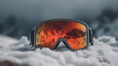 Brightly colored goggles lie atop a blanket of untouched snow, capturing towering mountains in their reflective lenses under clear blue skies.の素材