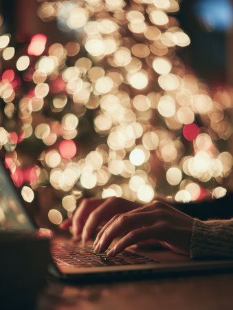 Fingers are typing on a laptop keyboard while warm holiday lights create a cozy ambiance perfect for focused work during the festive season.の素材