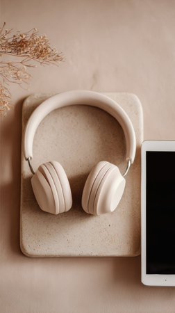 Wireless headphones lie gracefully on a soft textured surface, accompanied by a sleek tablet, creating a warm, inviting atmosphere perfect for relaxation.の素材