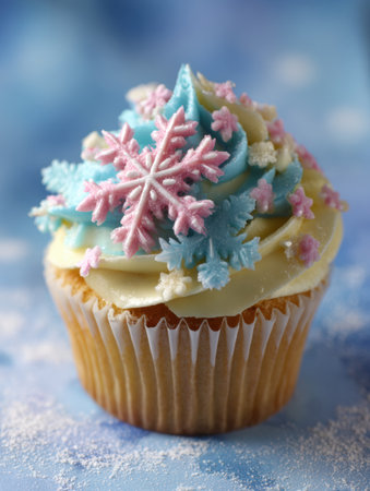 Delightful cupcake featuring blue and pink frosting adorned with intricate snowflake decorations, set against a frosty blue backdrop.の素材