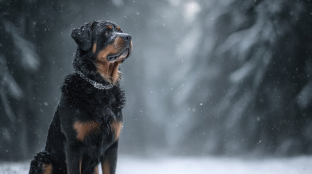 A rottweiler is calmly sitting in a snowy forest, surrounded by tall trees as snowflakes gently fall, creating a peaceful winter atmosphere.の素材