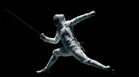 A skilled fencer lunges forward with determination, dressed in protective gear, demonstrating technique and athleticism in a dramatic competition backdrop.の素材