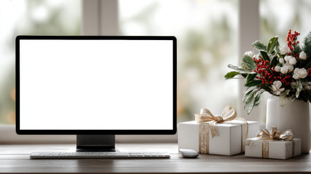 A modern workspace displays a blank computer screen, two neatly wrapped gifts, and a flower arrangement, creating a festive atmosphere during the holidays.の素材