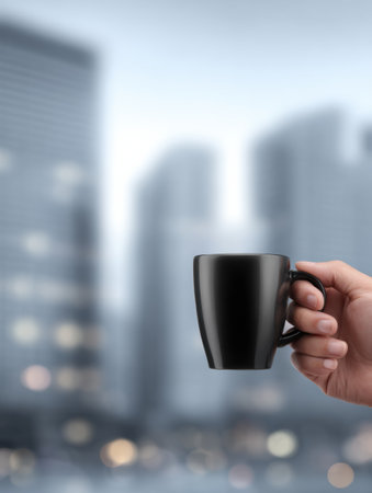 A hand holds a sleek black coffee mug in front of a blurred cityscape, with tall buildings and a gray sky creating a calm, urban atmosphere.の素材