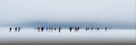 Groups of people skate and glide across a frozen lake under a misty sky, creating a serene winter atmosphere with faint outlines in the background.の素材