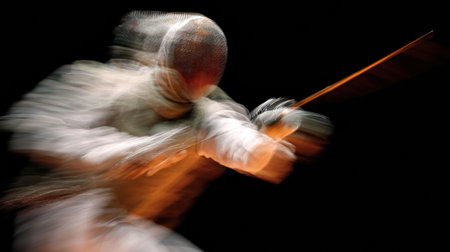 Athlete competes intensely in fencing, demonstrating rapid movements and focus in a well-lit arena during a competitive sporting event.の素材